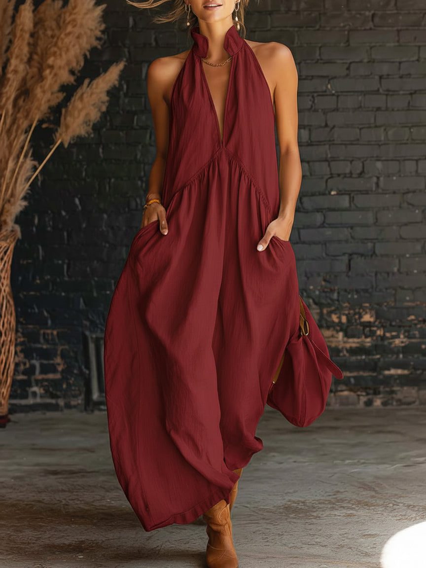 Elegant Resort-style Stand-collar Cotton Dress