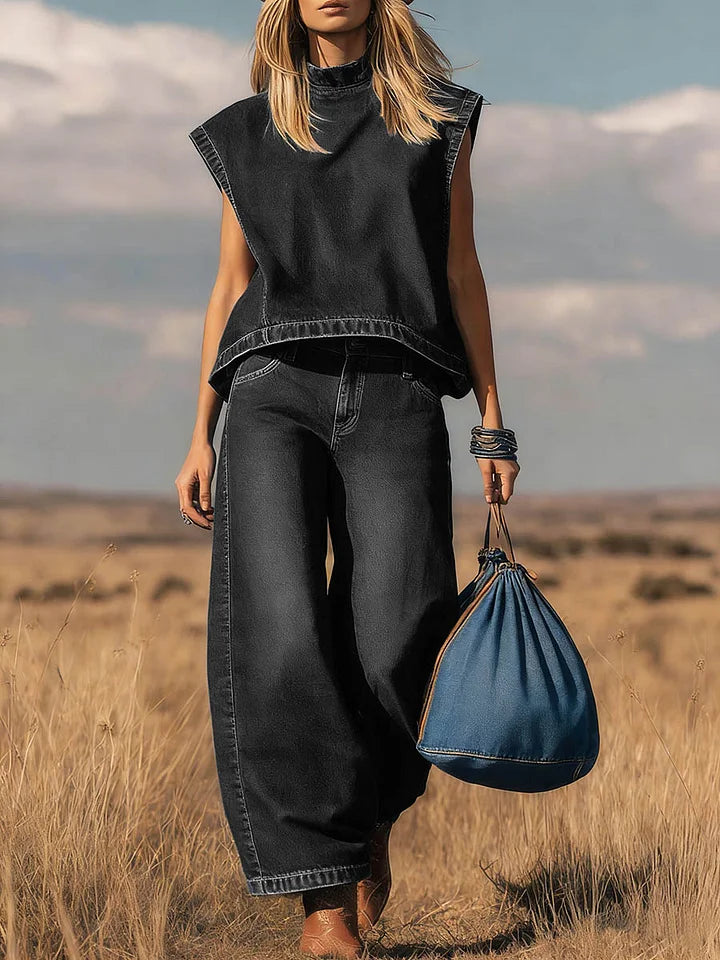 Women's Stand-collar Sleeveless Casual Loose Top And High-waisted Loose Wide-leg Denim Pants Set