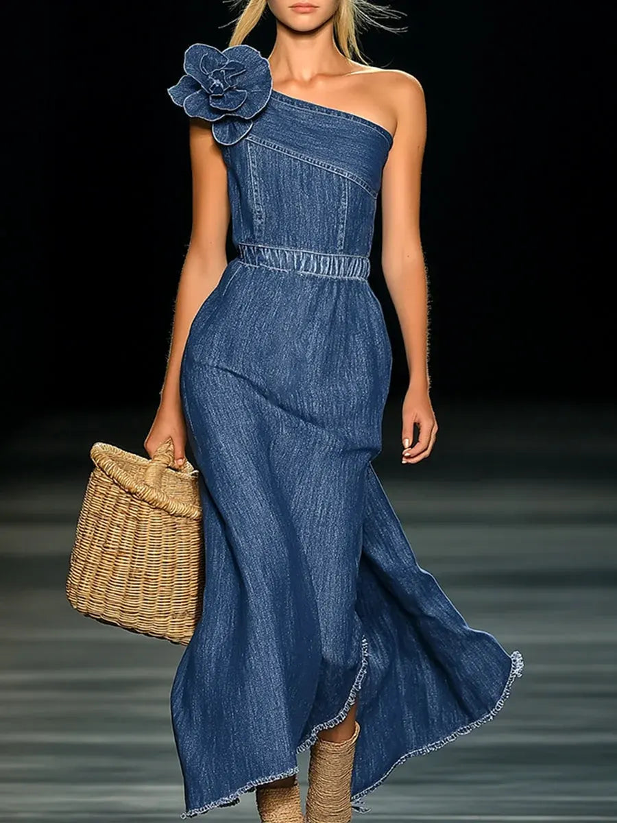 Women's Elegant Strapless Denim Floral Long Dress