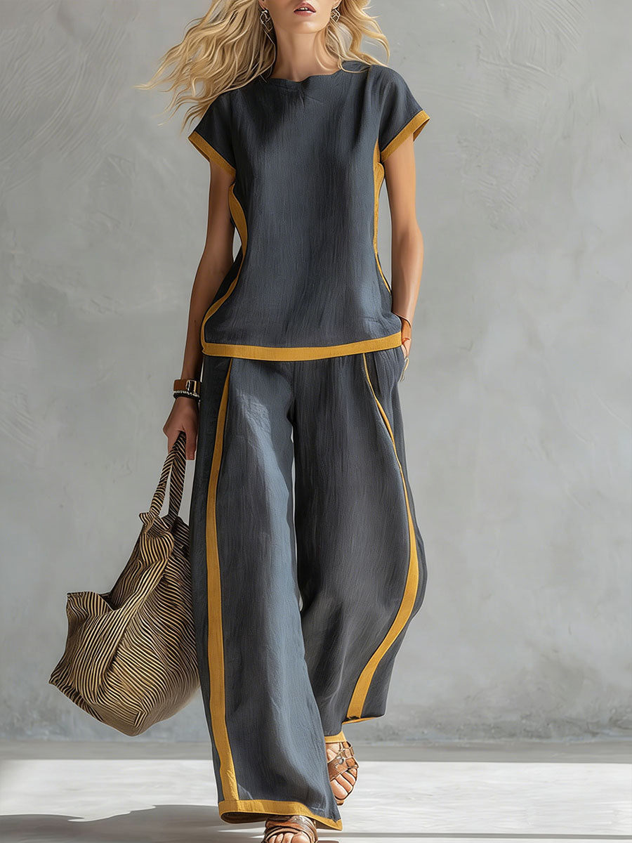 Women's Round Neck Short Sleeve Casual Loose Top And High-waisted Casual Loose Wide-leg Pants Cotton And Linen Set