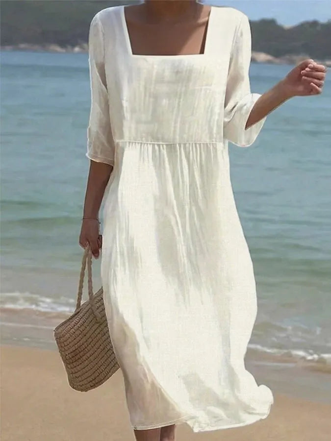 Women's Casual Solid Color Cotton and Linen Square Neck Mid Sleeve Dress
