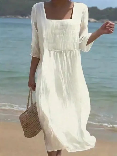 Women's Casual Solid Color Cotton and Linen Square Neck Mid Sleeve Dress
