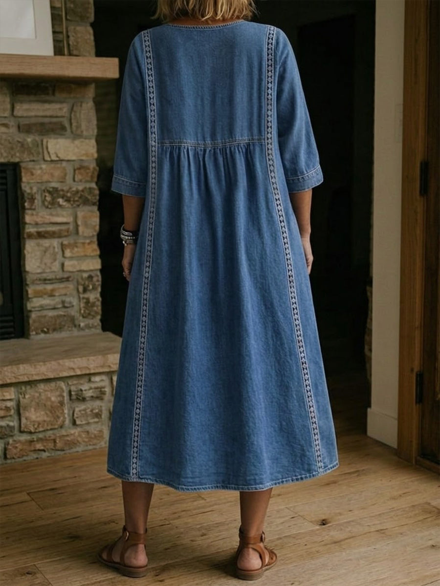 Women’s Lace Trim Denim Dress – Casual Loose Fit Vintage Denim Dress