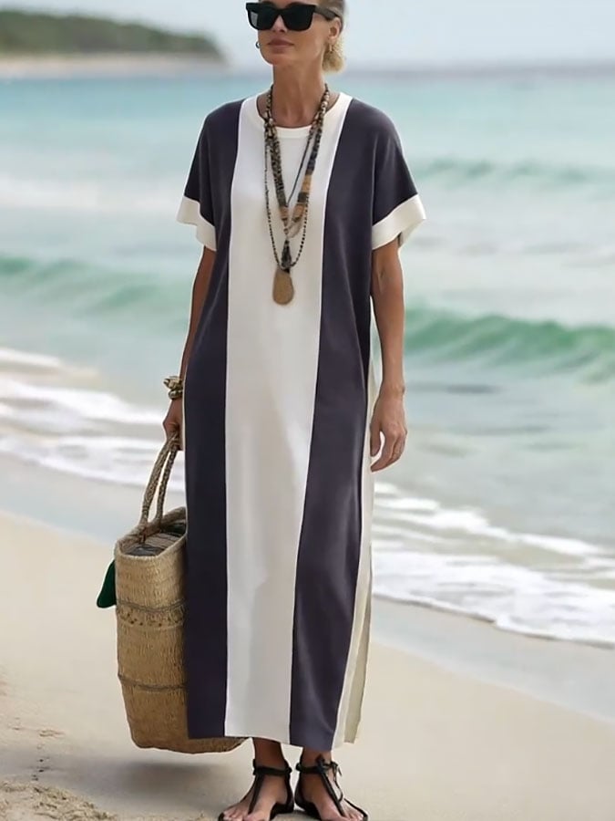 Women's Holiday Contrast Print Round Neck Loose Dress