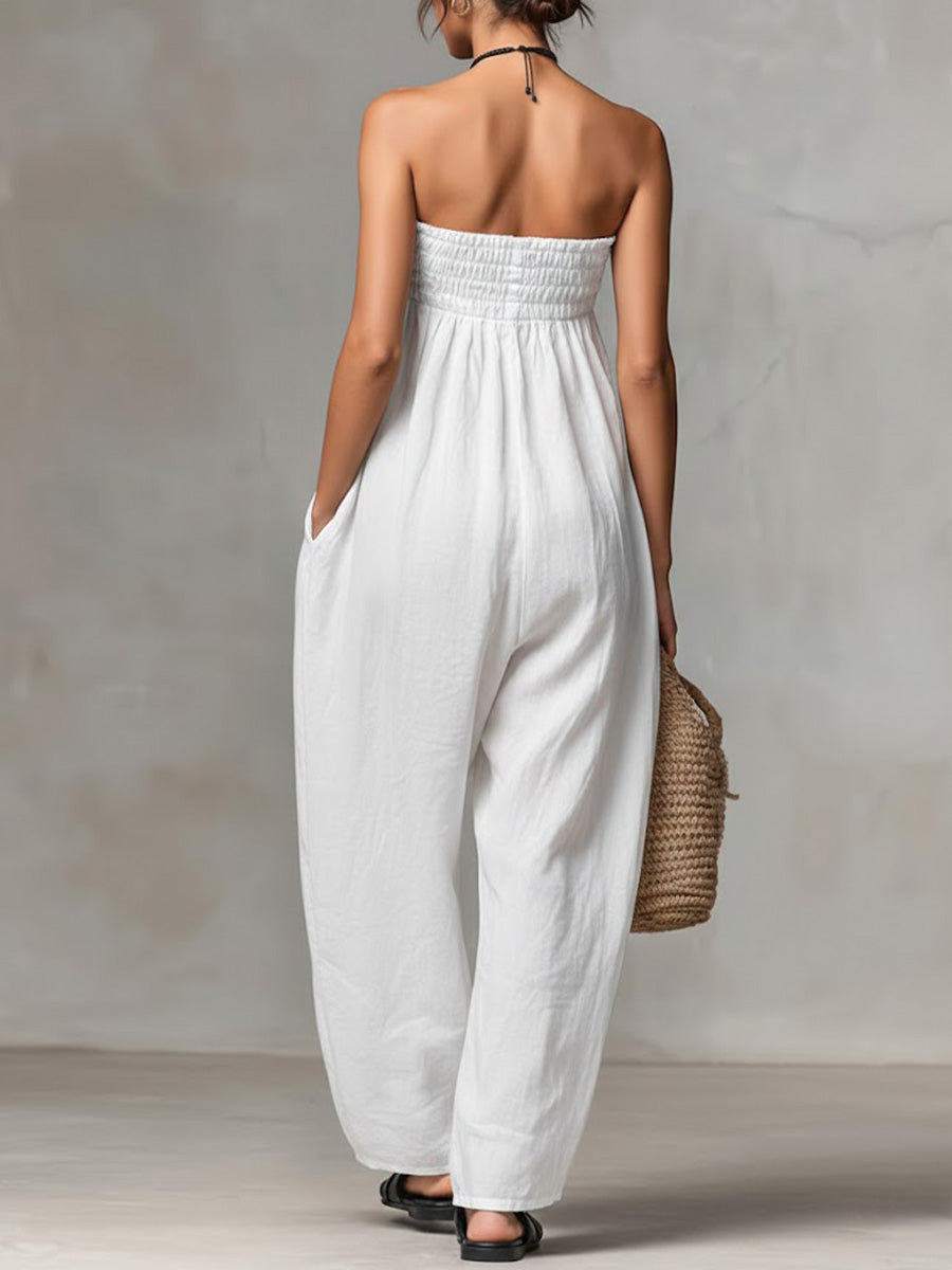 Women's Solid Color Strapless Casual Loose Cotton And Linen Jumpsuit