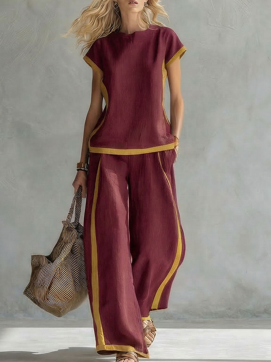 Women's Round Neck Short Sleeve Casual Loose Top And High-waisted Casual Loose Wide-leg Pants Cotton And Linen Set